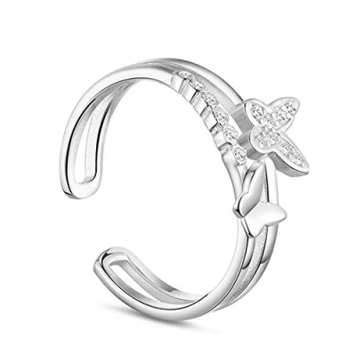 Image of QIAMNI Butterfly Ring for Women Girls 925 Silver Cubic Zirconia Lucky Open Adjustable Temperament Birthday Gift