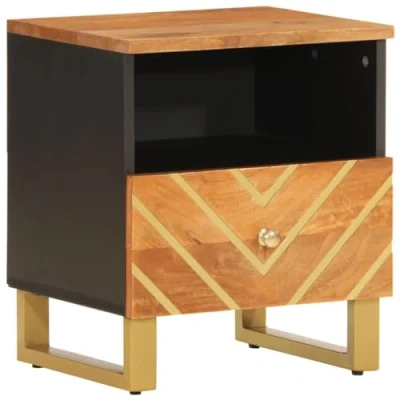 Image of vidaXL Bedside Cabinet in Solid Wood Modern Brown and Black Mango Wood, Ample Storage Space, Sturdy Iron Legs, Suitable for Bedroom Decor