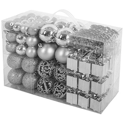 Image of BRUBAKER Mega Pack of 101 Christmas Ball Ornaments Shatterproof Tree Balls with Topper Designed in Germany Silver
