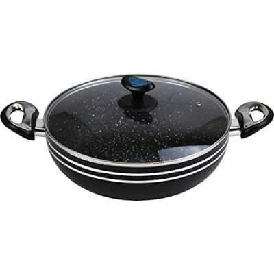 Image of Marble Coated Non Stick Wok with Tempered Glass Lid 28CM Black