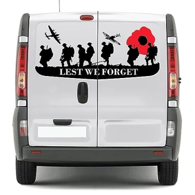 Image of RWRAPS Van Back Door Stickers Car Camper Graphics Lest We Forget Vinyl Auto Decor Decals,Fit for Renault Trafic 2 3 MK3 MK2 MK1