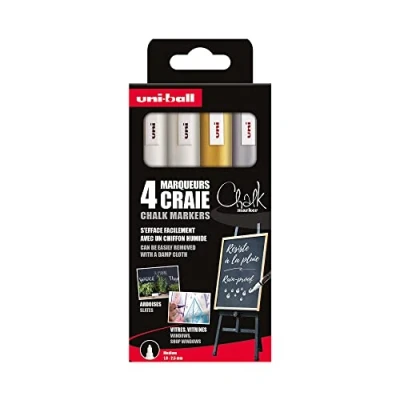 Image of uni ball Chalk Marker Plain Mitsubishi Pencil PWE 5M Markers Ephemeral Marking Rain Resistant Medium Tapered Tip Zero Plastic Packaging Pack of 4 White x2, Gold, Silver