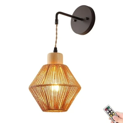 Image of KEFA Battery Operated Wall Sconce Light With Remote Control,Rechargeable Rattan Lamp Bulb &amp; Charger, Not Hardwired Indoor Dimmable Fixture For Bedroom Living Room (Size : Set of