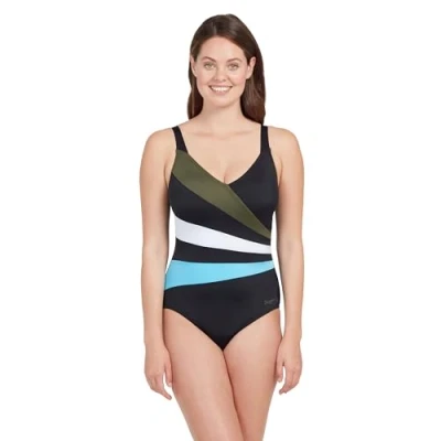 Image of Zoggs Women&#039;s Wrap Panel Classicback One Piece Swimsuit, Black/Khaki/White, 34