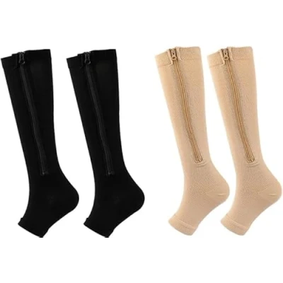 Image of 2Pairs Medical Compression Socks for Women Men, 15 20mmHg Knee High Flight Stockings,Zipper Swollen Varicose Veins Running Nurses Pregnancy Travel (Mixed, L/XL)