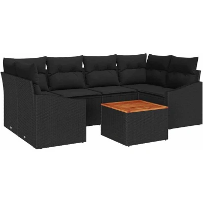 Image of vidaXL 7 Piece Garden Sofa Set with Cushions Black Poly Rattan Acacia
