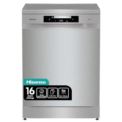 Image of Hisense HS643D60XUK 16 Place Settings Freestanding Standard Dishwasher, Silver Auto Dry Automatic door opening D Rated, 598 x 599 846 mm (L W H) [Energy Class D]