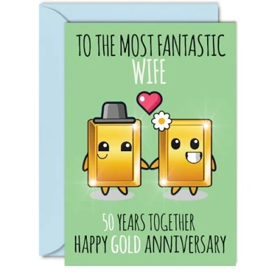 Image of Cute Gold Anniversary Card for Wife 50 Years Together Happy 50th Wedding Cards from Husband, A5 Greeting Fiftieth Anniversaries