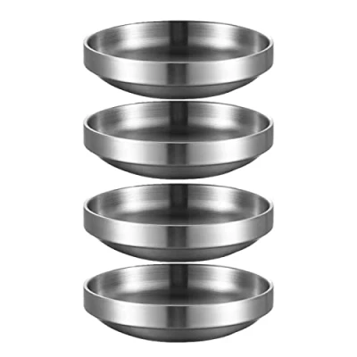Image of INCAUCA 9cm Stainless Steel Soy Sauce Dishes, Double Walled Mini Chip and Dip Bowls, Dipping Ramekin, Seasoning Cups, Metal Small Side Dish Bowls for Condiment Sushi Ketchup, Silver