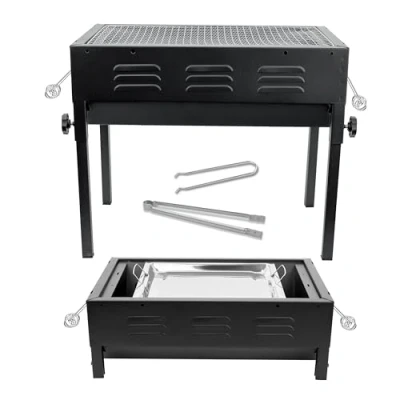 Image of Crystals Portable BBQ Grill Large Stainless Steel Charcoal Barbecue for Garden, Travel, Camping, Picnic, Outdoor Cooking with Stove Hot Plate Compact Design Black