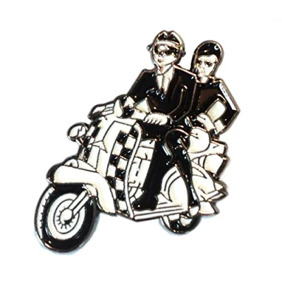 Image of Ska Couple on Black &amp; White Chequerboard Scooter MOD Metal Enamel Badge