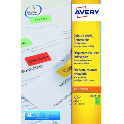 Image of Avery Coloured Label 63.5x34mm 24 Per A4 Sheet Green (Pack 480 Labels) L6033 20