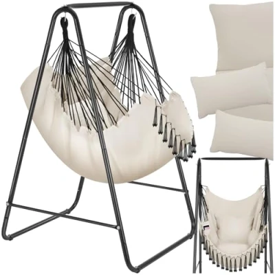 Image of tectake® Hanging Chair in Boho Style with Tassels, Cosy Swing Thick Cushions, Large Side Pocket, Breathable Fabric &amp; Durable Steel Frame, Hammock for Indoor Outdoor Use Beige
