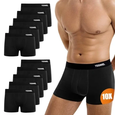 Image of YESWEL Mens Boxers 10 Pack, Cotton Retro Boxer Shorts, Breathable Underwear Briefs, No Itchy Labels Underpants Black (S)