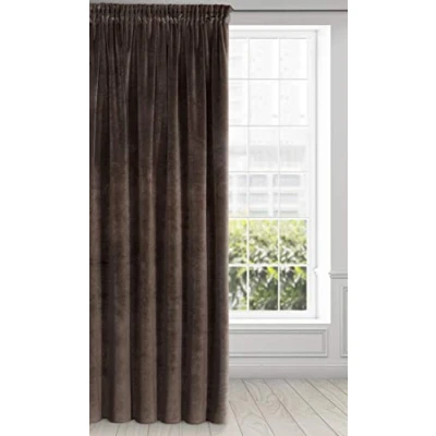 Image of Eurofirany Soft Plain Opaque Velvet Curtain with Rufflette Tape for Rail 1 Unit, Thick Fluffy Panel Drape Classic Glamour Elegant Living Room Bedroom, Brown, W55&#039;&#039; x L106&#039;&#039;