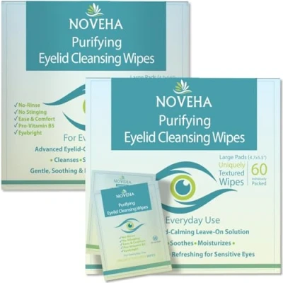 Image of NOVEHA Eyelid &amp; lash Wipes For Itchy, Dry Eyes, Styes Blepharitis, Demodex lid and Cleansing Wipes, Hypoallergenic Soothing Sensitive (60 Count each (Pack of 2))