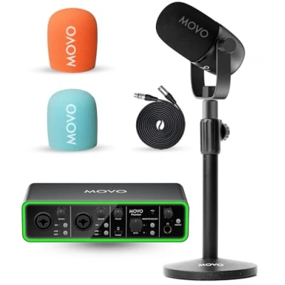 Image of Movo Music Audio Interface Bundle Phantom USB Interface, CastMic XLR Dynamic Microphone, and Tabletop Stand Professional Studio Equipment for Musicians, Singers, Producers