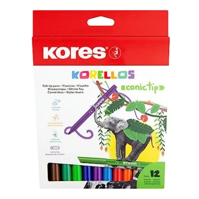 Image of Kores Korellos Felt Tip Pens 12 Coloured Washable, Conic Tip, Long Lasting School Supplies, Back to Colouring Set of in Assorted Colours