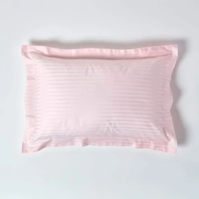 Image of HOMESCAPES Pink Pure Egyptian Cotton Oxford Pillowcase Standard Size 330 TC 500 Thread Count Percale Equivalent Satin Stripe Pillow Case Pack of 2