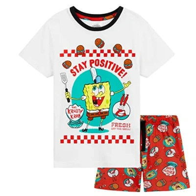Image of SPONGEBOB SQUAREPANTS Boys Pyjama Set, Soft Breathable Lounge Wear Kids Gifts (White/Red, 3 4 Years)
