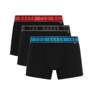 Image of Ted Baker Mens Trunks, Cotton, 3 Pack, (TBB02), Black Red/Black Black/Black Blue Danube, L