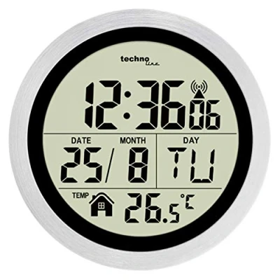 Image of Technoline WT3005 Digital Bathroom Radio Wall Clock, Plastic, Silver, Diameter 147 x 79 mm