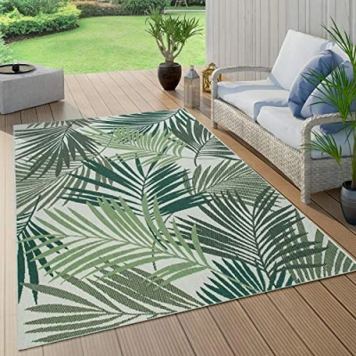 Image of Paco Home Outdoor Rug For Garden Area Living Room Kitchen Palm Leaves Pattern Jungle Floral Aztec Pattern, Size:100x200 cm, Colour:Green