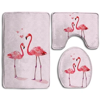 Image of RedBeans Bath Mat,3 Piece Bathroom Rug Set,Pink Flamingo Flannel Non Slip Toilet Seat Cover Set,Large Contour Mat,Lid For Men/Women