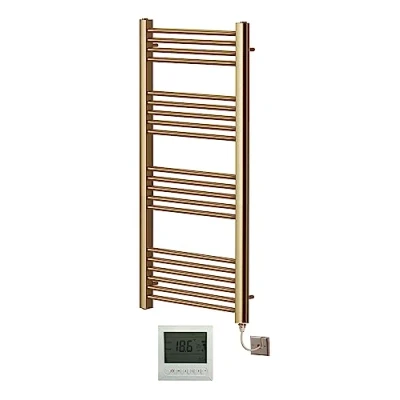 Image of Greened House Electric Brushed Brass Straight Heated Towel Rail 400mm Wide x 1200mm High Flat Radiator+ Timer and Thermostat
