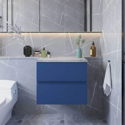 Image of Hudson Reed URB304LBG Urban Modern Bathroom Wall Hung Vanity Unit with 2 Soft Close Drawers and Grey Worktop, 600mm, Satin Blue
