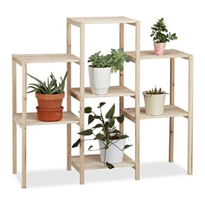 Image of Relaxdays Wooden Plant Stand, Indoors Flower Ladder Rack, Solid, Stainless, HxWxD: 86 x 95 29 cm, Natural