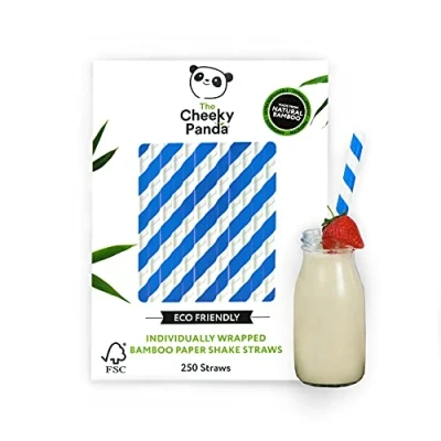 Image of The Cheeky Panda Bamboo Paper Bubble Tea Straws 250 Blue Striped Wide Drinking For Boba Tea, Milkshakes and Smoothies
