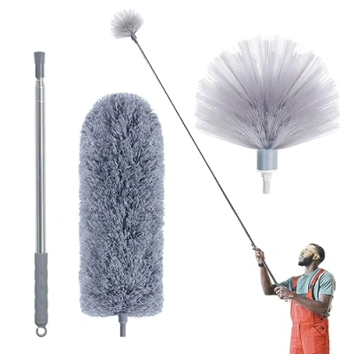 Image of IVYROLL Microfiber Feather Duster, Cobweb Duster with 100 Extension Pole, Dusters for Cleaning, Bendable Head, Washable Ceiling, Fan, Furniture