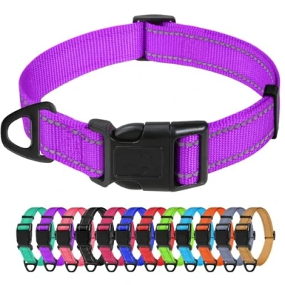 Image of TagME Reflective Nylon Dog Collars, Adjustable Classic Collar with Quick Release Buckle for Small Dogs, Purple, 2.0 cm Width