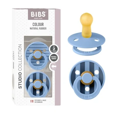 Image of BIBS Colour Studio Soother 2 Pack, BPA Free Dummy Pacifier, Round Nipple. Natural Rubber Latex, Made in Denmark, Size (6 18 Months), Pin Sky Blue