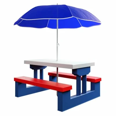Image of Spielwerk® Kids Garden Picnic Table and Bench Set Umbrella Sunshade Parasol UV Protection Toy Dining Outdoor Patio Furniture Children Toddler Play Activity Blue Red White