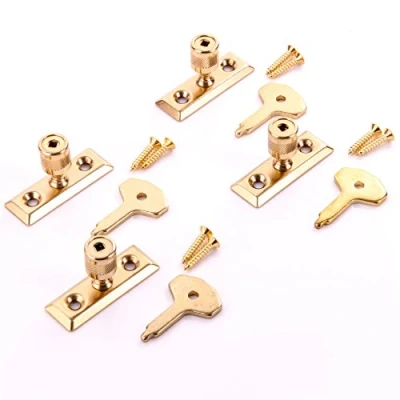 Image of 4X Brass Plated Window Stays + Keys Wooden Frame Casement Lock Turn/Catch/Latch Fixings