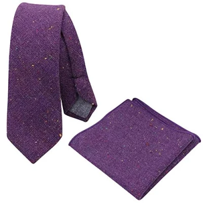Image of DB Dickie Bow Men&#039;s Luxury Wool Skinny Neck Tie &amp; Pocket Square Set (Purple) suitable for formalwear, office, weddings, parties, grooms groomsmen outfits