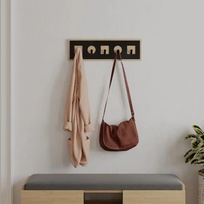 Image of HOCUS PICUS Wall Mounted Hanger for Storage, 5 Metal Hooks Coats 54.20(W) x2(D) x16(H) cm Round and Square Shape Modern Hooks, Space Saver (Oak)