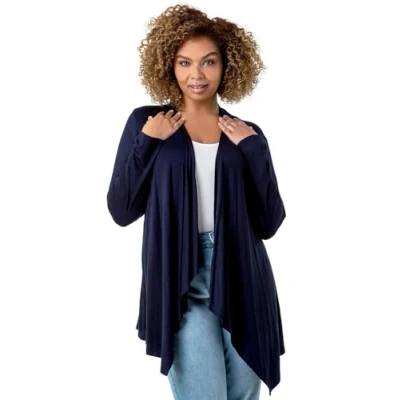 Image of Roman Curve Women Waterfall Front Jersey Cardigan Ladies Spring Everyday Summer Evening Vacation Work Holiday Long Sleeve Smart Casual Navy Size 18