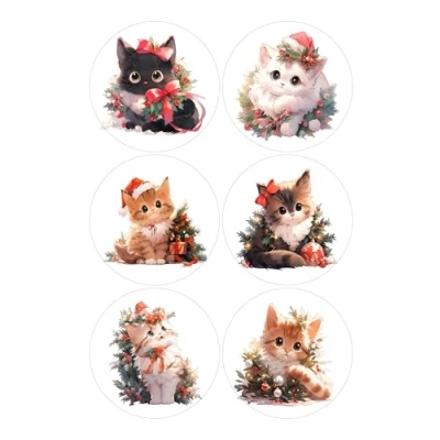 Image of 12 Christmas Cats Selection Card Making Toppers Self Adhesive Circles Glossy Finish Medium 88mm (3.5 inches) Diameter Pack of (Two Sheets 6) Crafts Labels
