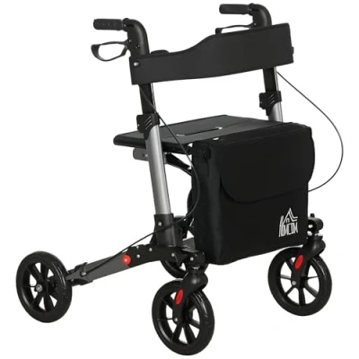Image of HOMCOM 4 Wheel Rollator with Seat and Back, Folding Mobility Walker Carry Bag, Adjustable Height, Dual Brakes, Cane Holder, Lightweight Aluminium Walking Frame for Seniors Disabled, Silver