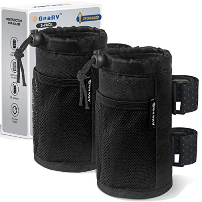 Image of GEARV 2Pack Cup Holder for Bike, Scooter and Wheelchair, Water Bottle UTV/ATV, Walker, Golf Cart Beach, Universal Drink Accessories with Net Pocket Cord Lock (Black)