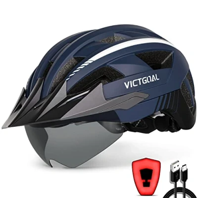 Image of Victgoal Bike Helmet with USB Rechargeable LED Light Removable Magnetic Goggles Visor Breathable MTB Mountain Bicycle for Unisex Men Women Adjustable Cycle Helmets (M: 54 58 cm, Navy Blue)