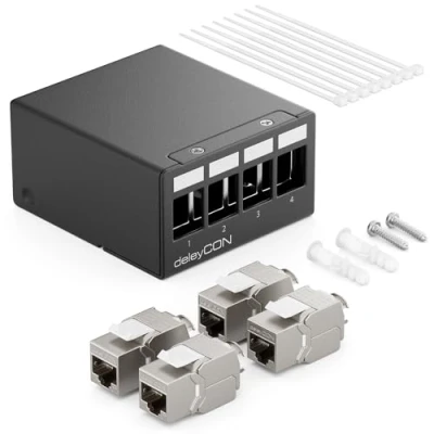 Image of deleyCON 4 Port Patch Panel Set with 4x CAT.7 RJ45 Keystone Jack Module STP 10 Gbit/s Distribution Compatible Installation Cable CAT6 CAT6a CAT8 Ethernet LAN DSL Network Black