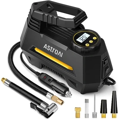Image of AstroAI Tyre Inflator Air Compressor 12V, Portable Electric Auto Stop Car Pump with Pressure Gauge, Valve Adaptors and LED Light, Accessories, Yellow