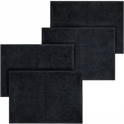 Image of Hafaa Bath Mat Non Slip Anti Mould 4 Pack Black 50x80 cm Chenille Bathroom