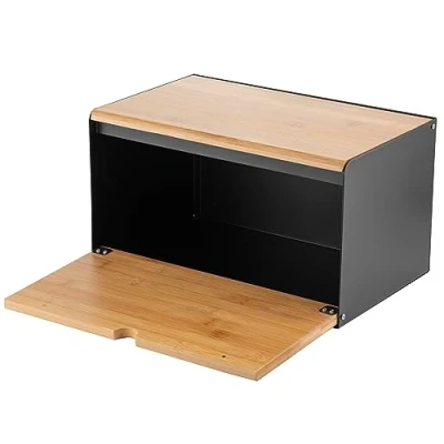 Image of FLORINA Bread Bin 35.5 x 21.5 19.5 cm I Steel Box with Bamboo Lid Spacious and Modern Container Storage Fresh Longer Lunch for Kitchen Colour: Black