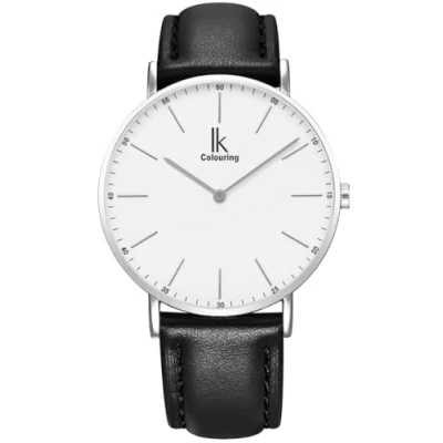 Image of Alienwork IK Watch Men Women Silver Leather Strap Black Ultra Thin