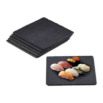 Image of Relaxdays Slate Plates, Set of 6, Square Serving Platters, 25 x cm, Cheese Board, for Sushi &amp; Desserts, Dark Grey